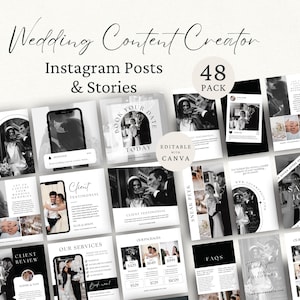 May include: A set of 48 editable Instagram post and story templates for wedding photographers and videographers. The templates are designed in a black and white color scheme with a modern and minimalist aesthetic. The templates include text boxes for captions, images, and videos. The templates are editable in Canva.
