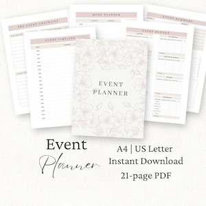 May include: A 21-page PDF event planner set featuring a cover page with a delicate pink floral line drawing and the text EVENT PLANNER. The set includes printable sheets for a pre-event checklist, event timeline, menu planner, and event budget.