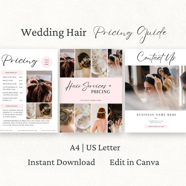 Wedding Hair Stylist Pricing Guide, Canva Template, Bridal Hair Price List, Wedding Pricing Sheet, Beauty Marketing Brochure, Editable,
