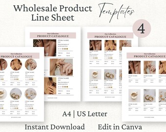 Plantilla de hoja de línea de venta al por mayor, lista de precios de Canva, catálogo de precios de productos, hoja de ventas de productos, catálogo de velas, negocio de joyería
