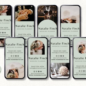 May include: Eight smartphone screen templates for a wedding planner named Natalie Finch. Each template features a sage green background, contact details, social media icons, and placeholders for wedding photography in various shapes.