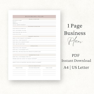 1 Page Business Plan Template, Canva Template, PDF, Start-Up Plan, Small Business Planner, Side Hustle Planner, Business Plan Printable