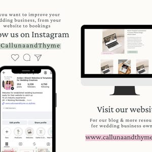 The image is a promotional graphic for a wedding business website, featuring a smartphone displaying the website's profile page, a computer monitor displaying the website's homepage, and social media icons.