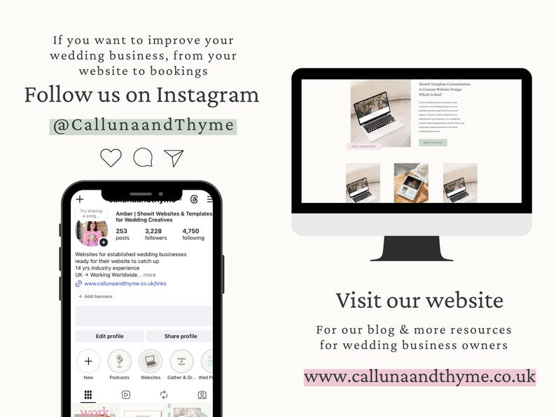 The image is a promotional graphic for a wedding business website, featuring a smartphone displaying the website's profile page, a computer monitor displaying the website's homepage, and social media icons.
