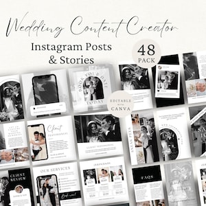 Könnte beinhalten: Eine digitale Sammlung von 48 Hochzeits-Content-Creator-Vorlagen für Instagram-Posts und Stories. Die schwarz-weißen Designs zeigen verschiedene Layouts, Typografien und Platzhalter für Fotos, mit Texten wie Wedding Content Creator und Editable With Canva.