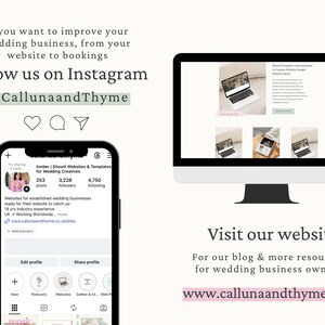 The image is a promotional graphic for a wedding business website, featuring a smartphone displaying the website's profile page, a computer monitor displaying the website's homepage, and social media icons.