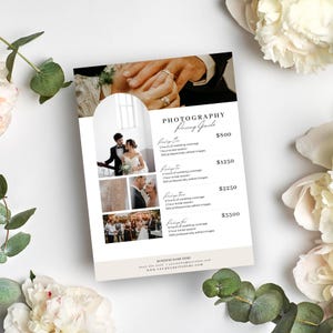 May include: A white photography pricing guide template featuring a top image of hands with wedding rings, an arched photo of a couple, and smaller images of a dress and reception. The text includes Photography Pricing Guide and four packages.