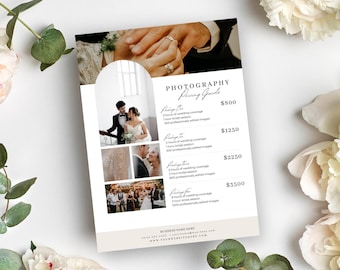 Listino prezzi per servizi fotografici di matrimonio, modello Canva, listino prezzi del fotografo, guida ai prezzi dei servizi, marketing e branding per matrimoni, foglio riassuntivo.