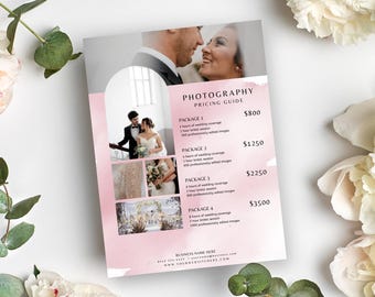 Guida ai prezzi per la fotografia di matrimonio, modello Canva, listino prezzi del fotografo, guida ai prezzi dei servizi, marketing per matrimoni, acquerello rosa,
