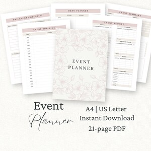 Può includere: Un set di 21 pagine PDF per l'organizzazione di eventi con una copertina decorata da un disegno floreale a linee e il testo Event Planner. Include modelli per liste di controllo, cronoprogrammi, menu, budget e riepiloghi in formato A4 e US Letter.
