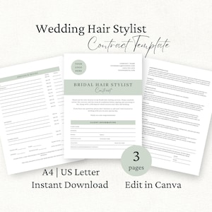 May include: A three-page wedding hair stylist contract template featuring sage green accents and black text. The document includes sections for services, pricing, client information, and legal terms. It is formatted for A4 and US Letter paper sizes.