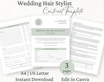 Plantilla de contrato de peinado para bodas, Acuerdo de servicios de peinado para novias, Plantilla editable de Canva, Formularios para estilistas independientes, Términos y condiciones de peinado para novias,