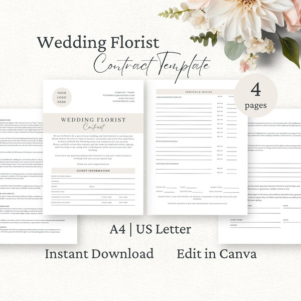 Wedding Florist Contract Template, Event Flowers Services Agreement, Editable Canva Template, Wedding Florist Client Forms,