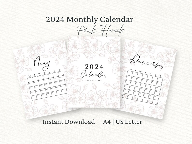 2024 Floral Calendar Printable, 2024 Monthly Calendar Feminine, Wall