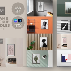 Paquete de maquetas de pósteres con marcos coloridos 8 en 1 + más de 30 OBJETOS personalizables / Fondo de hogar contemporáneo moderno / Plantilla de Photoshop Canva