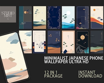 Puede incluir: Un conjunto de 12 fondos de pantalla minimalistas japoneses para teléfono en ultra HD. Los fondos de pantalla presentan una variedad de diseños, que incluyen montañas, árboles, nubes y patrones geométricos. El texto "MINIMALIST JAPANESE PHONE WALLPAPER ULTRA HD" se muestra en la parte inferior de la imagen. El texto "12 IN 1 PACKAGE" se muestra en la esquina inferior izquierda de la imagen. El texto "INSTANT DOWNLOAD" se muestra en la esquina inferior derecha de la imagen.