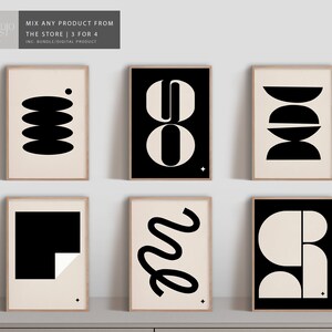 Set of 6 Black Abstract Exhibition Digital Print |  Modern Art Poster | Minimalist Neutral Background  | Contemporary Print Home Decor