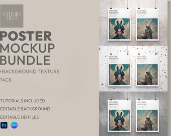 May include: A mockup bundle of six posters with a white background and a textured wall behind them. The posters feature a variety of colorful and abstract designs. The text on the posters reads "POSTER MOCKUP".