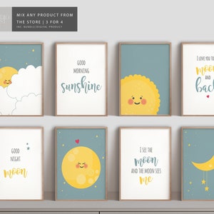 Set de 8 lindos niños Sol y Luna Arte Imprimir / Guardería Niños Póster Minimalista / Imprimir Decoración del hogar / Niños Guardería Bebé Regalo