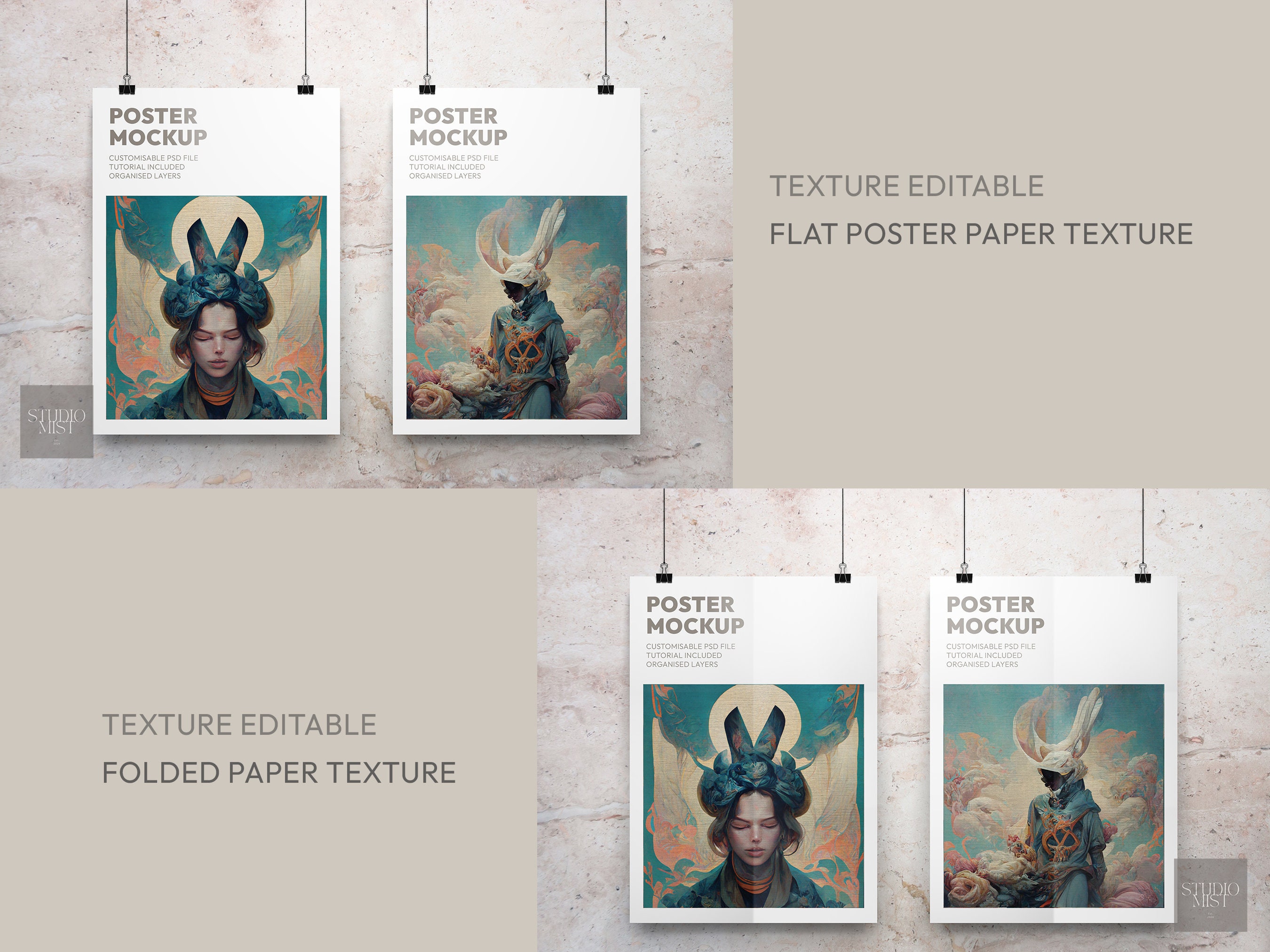 Dual Clipped Hanged Textured Poster Mockup | Colourful Modern ...