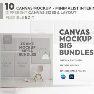 10 Canvas Frame Mockup Bundle + Free Wall Texture | Editable layout | Editable Modern Interior Background | Photoshop canva template | 3for2