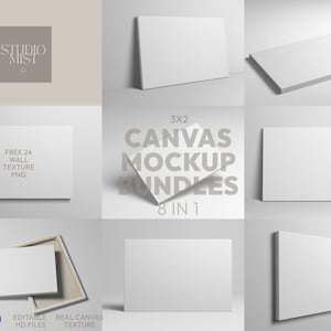3x2 Horizontale Landschaft Weiße Leinwand Mockup Bundle 8in1 + Free Texture Pack | Moderner Hintergrund | Photoshop Leinwand Rahmen Vorlage
