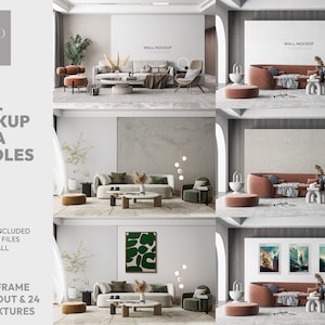 May include: A set of 31 wall mockup images for a living room. The images feature a variety of wall textures and furniture, including a sofa, coffee table, and lamps. The images are perfect for showcasing artwork, posters, or other wall decor.