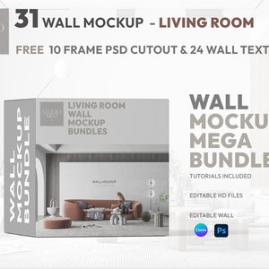 Puede incluir: Una maqueta de una sala de estar con una gran pared blanca, un sofá marrón y una mesa de centro redonda. El texto "WALL MOCKUP MEGA BUNDLES" se muestra en el lado derecho de la imagen. El texto "LIVING ROOM WALL MOCKUP BUNDLES" se muestra en el lado izquierdo de la imagen.