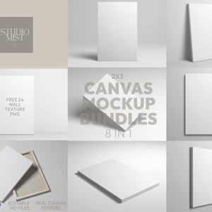May include: A mockup of eight different sized canvases, all white, with the text "2x3 CANVAS MOCKUP BUNDLES 8 IN 1" in black text. The canvases are arranged in a grid pattern on a white background.