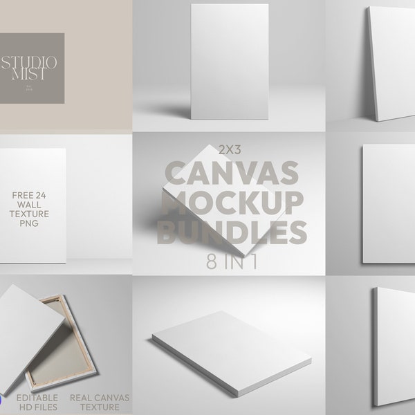 2x3 ratio White Canvas Mockup Bundle 8in1 + Free 24Texture Pack | Modern Contemporary Background | Photoshop canvas frame template