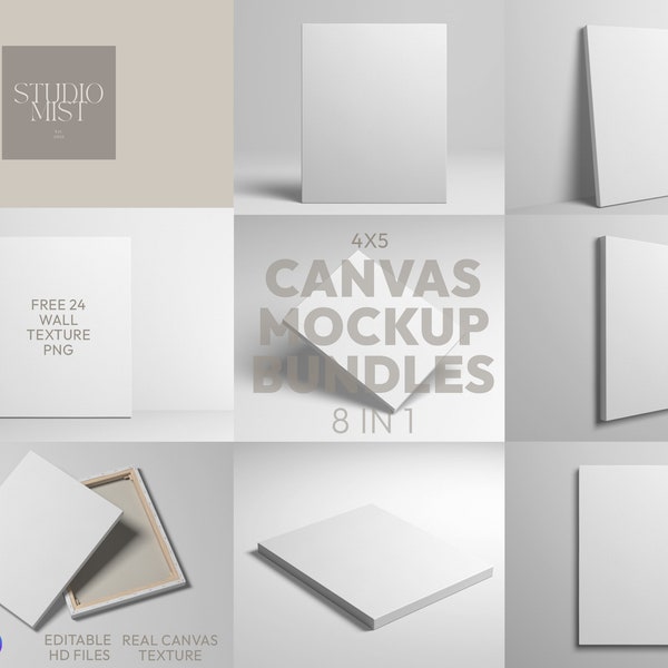 4x5 16x20 White Canvas Mockup Bundle 8in1 + Free 24Texture Pack | Modern Contemporary Background | Photoshop canvas frame template