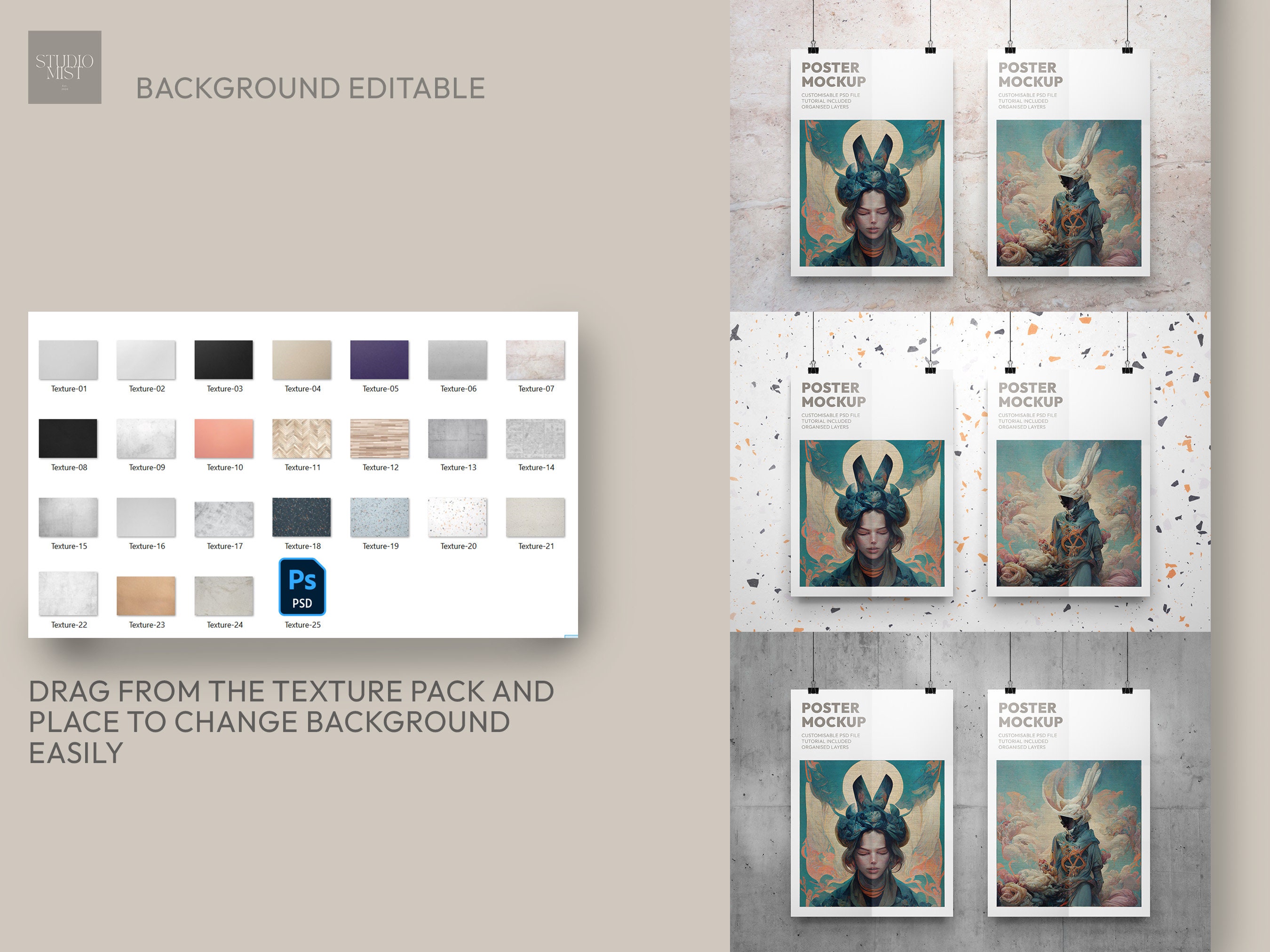 Dual Clipped Hanged Textured Poster Mockup | Colourful Modern ...
