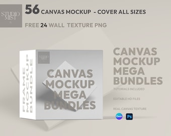 Puede incluir: Una caja con fondo blanco y el texto "CANVAS MOCKUP MEGA BUNDLES" en negro. La caja está sobre una superficie marrón claro. El texto "TUTORIALS INCLUDED", "EDITABLE HD FILES" y "REAL CANVAS TEXTURE" también es visible en la caja. Los logotipos de Canva y Photoshop también son visibles en la caja.