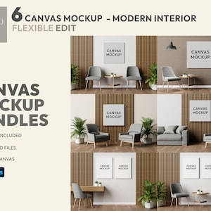 Könnte beinhalten: Sechs Leinwand-Mockups in einer modernen Inneneinrichtung. Die Mockups werden an Wänden mit Holzverkleidung gezeigt. Der Raum verfügt über graue Sessel, ein Sofa und Pflanzen. Der Text "CANVAS MOCKUP" erscheint auf den Mockups.