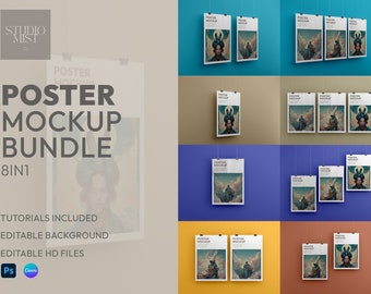 May include: A mockup bundle of eight poster frames with different colored backgrounds. The frames are hanging on the wall and feature a poster with a woman in a colorful outfit. The text "POSTER MOCKUP BUNDLE 8IN1" is displayed on the left side of the image.