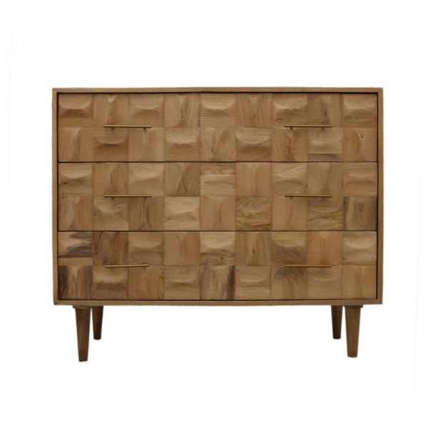 Joharies 3d Pattern 3 Drawer Chest, Wooden Drawer Cabinet - Chest of Drawer Bedroom, Mango Wood Furniture - Natural Finish