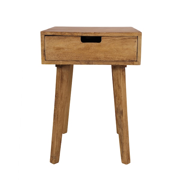 Scandi Style 1 Dr Bedside Table Mango Wood -Side Table for Living Room & Hallway–Small Lamp Table Bedroom Wooden Night Stand Grizzled Finish