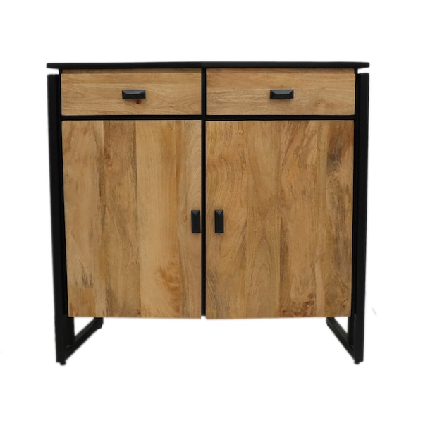 Industrial Metal Frame Sideboard Cabinet 2 Doors 2 Drawers – Living Room, Dining Room - Black Finish with Grizzled Finish Doors & Drawers