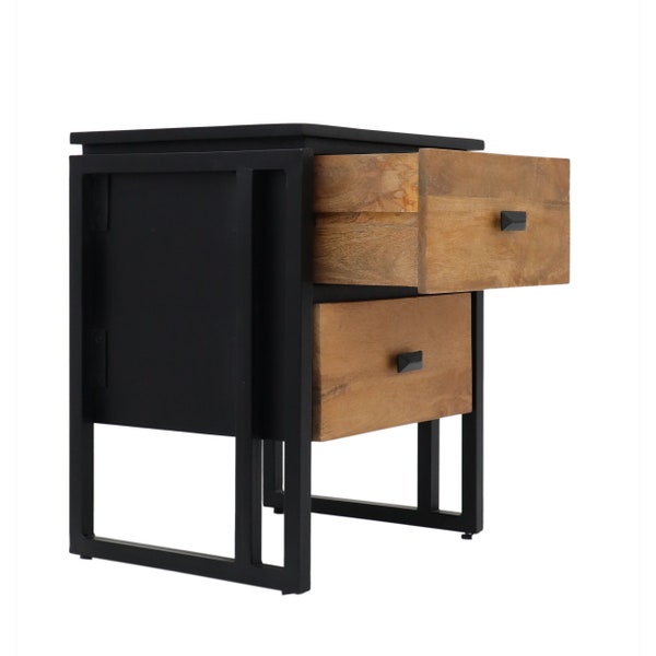 Industrial Metal Frame Bedside Table 2 Drawers, Nightstand Table, Side End Table, Bedroom Table - Black Finish with Grizzled Finish Drawers