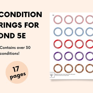May include: A printable set of 17 pages of condition rings for Dungeons and Dragons 5th Edition. The rings are in various colors, including pink, blue, red, purple, and brown. Each ring has a different condition written on it, such as "Charmed", "Exhausted", and "Frightened".