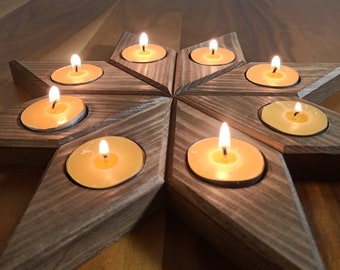 Wooden Tealight Holder- Star Shaped Romantic Candle Holder- 8 Pieces Decorative- Christmas, Party, Wedding or Housewarming Gift