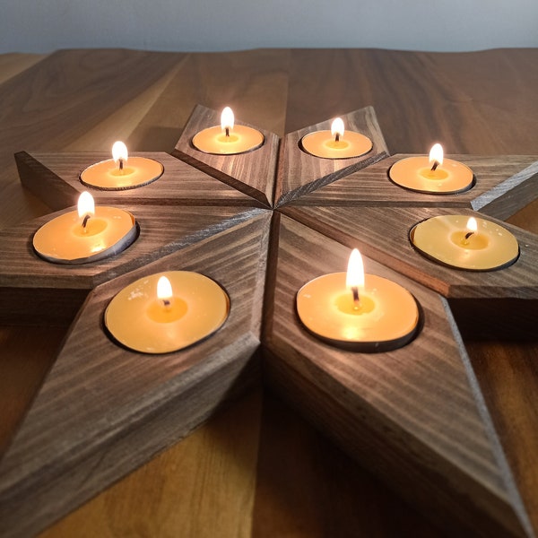 Wooden Tealight Holder- Star Shaped Romantic Candle Holder- 8 Pieces Decorative- Christmas, Party, Wedding or Housewarming Gift