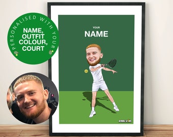 Personalised Tennis Poster Custom Tennis Print Cartoon Portrait From Photo Tennis Wall Art Tennis Gift For Boys Bedroom Decor Grand Slam Art