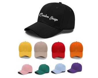 May include: A set of 10 baseball caps in various colors, including black, yellow, beige, red, orange, pink, green, light blue, and purple. The black cap has the text "Custom Design" embroidered on the front.