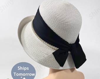 Pearl Hat / Hepburn Wind Ladies Sun Hat /Visor Hats For Women / Sunscreen Sun Hat / Beach Big Eaves Hat  / Sun Hats For Women/ To Her Gift