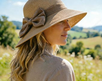 May include: A beige straw hat with a wide brim and a brown bow. The hat has a ribbon band around the crown. The hat is designed for sun protection and is suitable for outdoor activities.