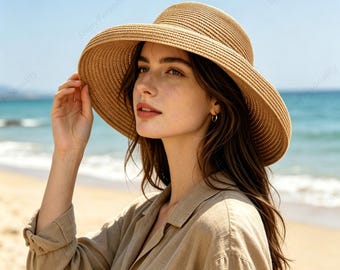 May include: A wide-brimmed, woven straw hat with a light brown hue. The hat is worn outdoors on a sunny day. The brim is wide, providing ample shade. The hat is a classic accessory for sun protection and style.