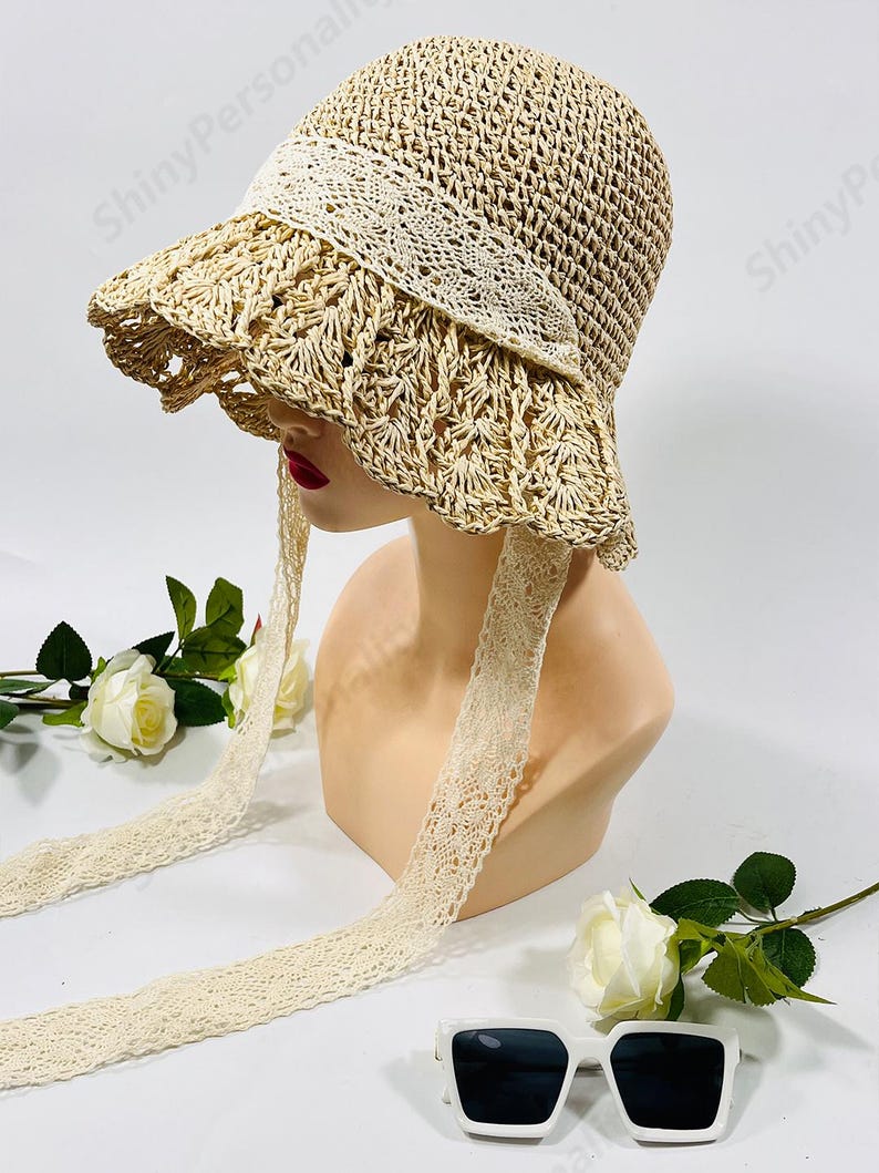 Hat With Ribbon Lace Ribbon Hat / Foldable Hat / Summer Hand-woven Straw Hat/ Visor ...