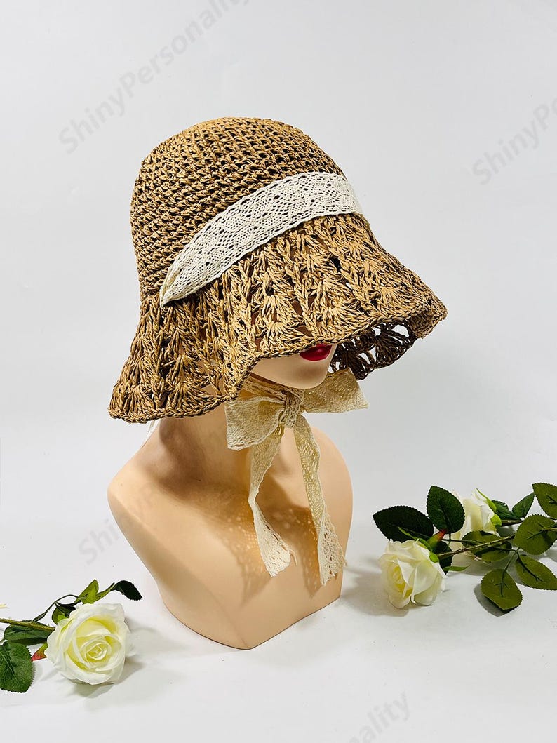 Hat With Ribbon Lace Ribbon Hat / Foldable Hat / Summer Hand-woven Straw Hat/ Visor ...