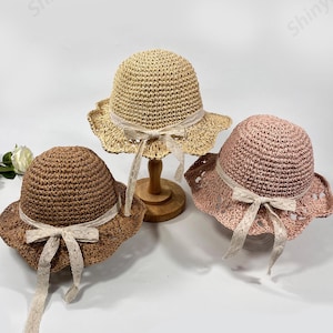 Baby Beach Hat / Girls Sun Hat / Lace Bow Straw Hat / Parent-child Sun Protection Sun Hat / Outdoor Baby Gift/ Baby Hat for Girls/ Beach Hat